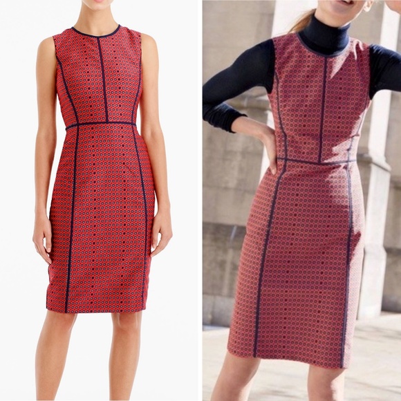 J.Crew Dress Red Paneled Sheath Piping Blue Knee 0 - Picture 3 of 8